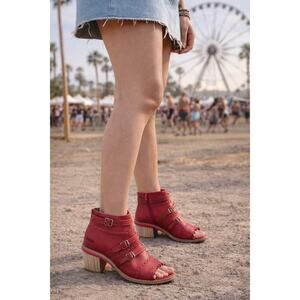 Dkode Red Leather Ankle Booties Cutout Buckle Heel Sandals EU 37 Boho Festival